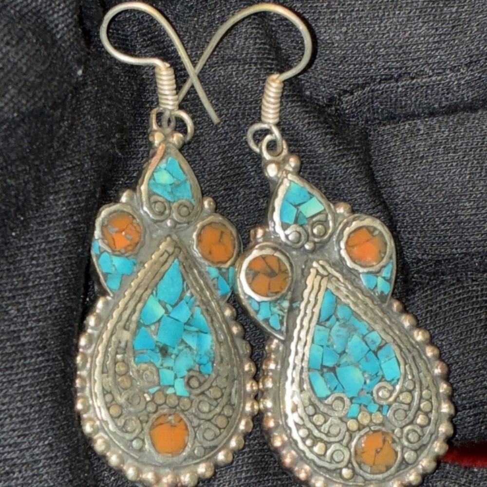 Turquoise & Orange Teardrop Inlay Dangle Earrings - Women Jewelry 925 Silver